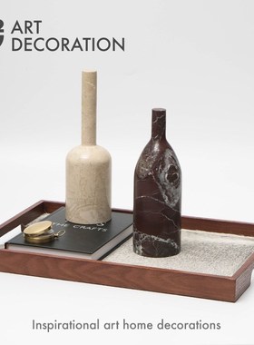 现代复古轻奢胡桃木色长方形马毛托盘家具样板间会所软装饰品摆件