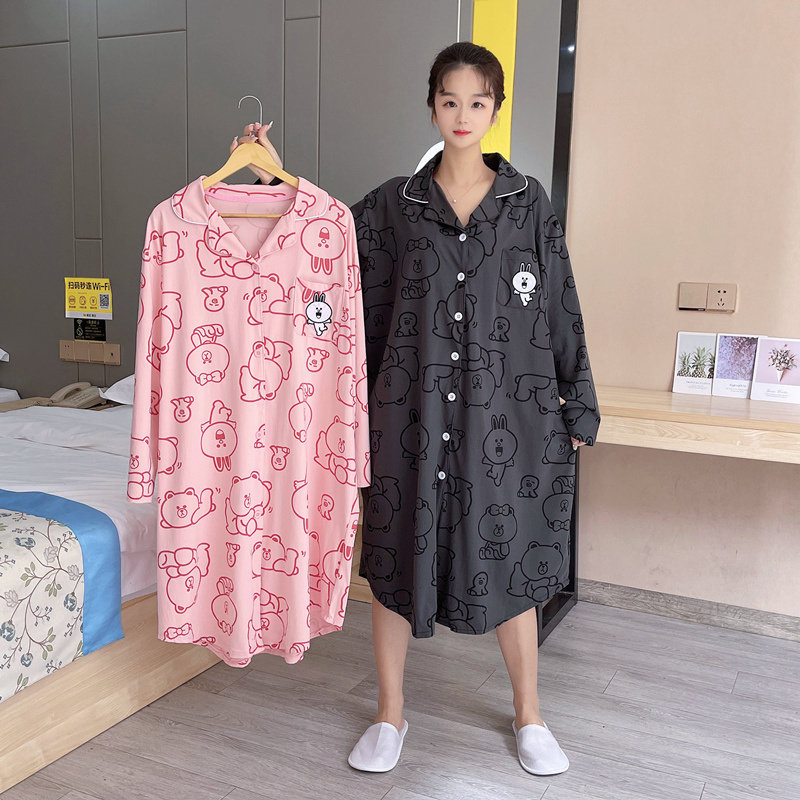 卡通熊开衫大码睡裙女200斤纯棉长袖春秋胖妹妹休闲睡衣家居服,淘宝优惠券,粉丝福利购,淘宝优惠卷