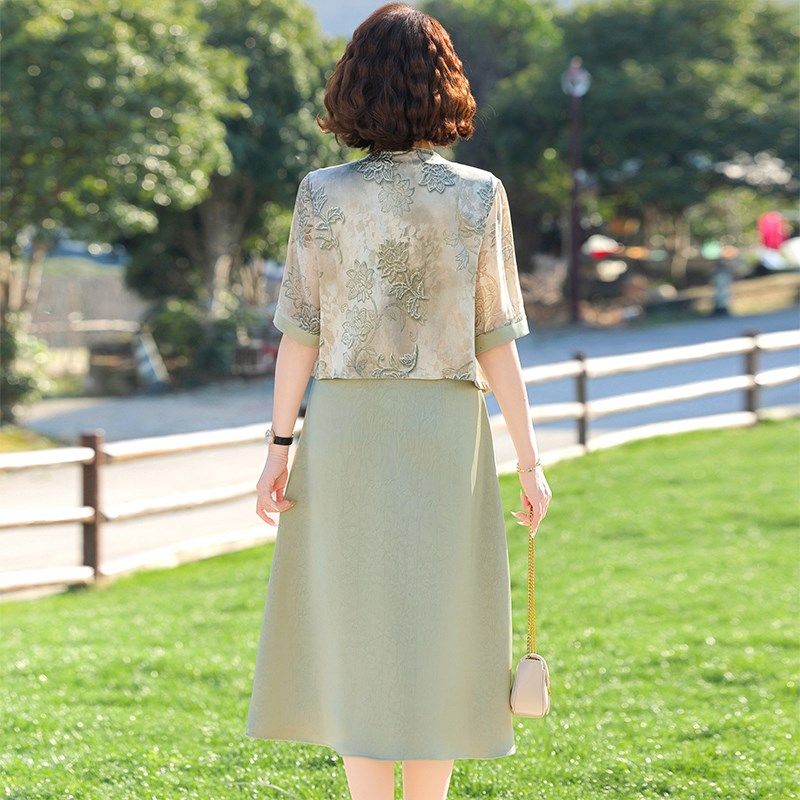 新中式妈妈夏装2025新款连衣裙套装中老年女装夏季雪纺小衫两件套,淘宝优惠券,粉丝福利购,淘宝优惠卷