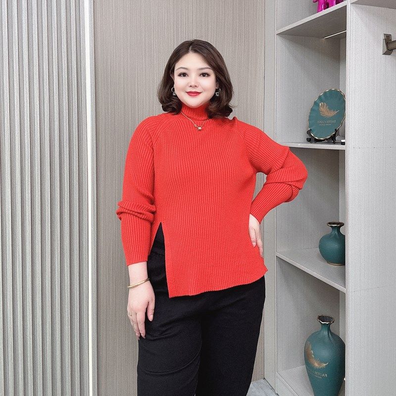 半高领洋气针织衫大码秋装新款胖mm宽松显瘦休闲纽扣开叉长袖毛衣,淘宝优惠券,粉丝福利购,淘宝优惠卷