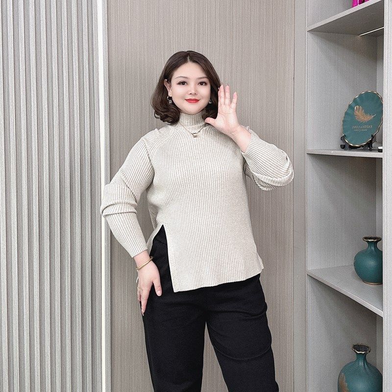半高领洋气针织衫大码秋装新款胖mm宽松显瘦休闲纽扣开叉长袖毛衣,淘宝优惠券,粉丝福利购,淘宝优惠卷