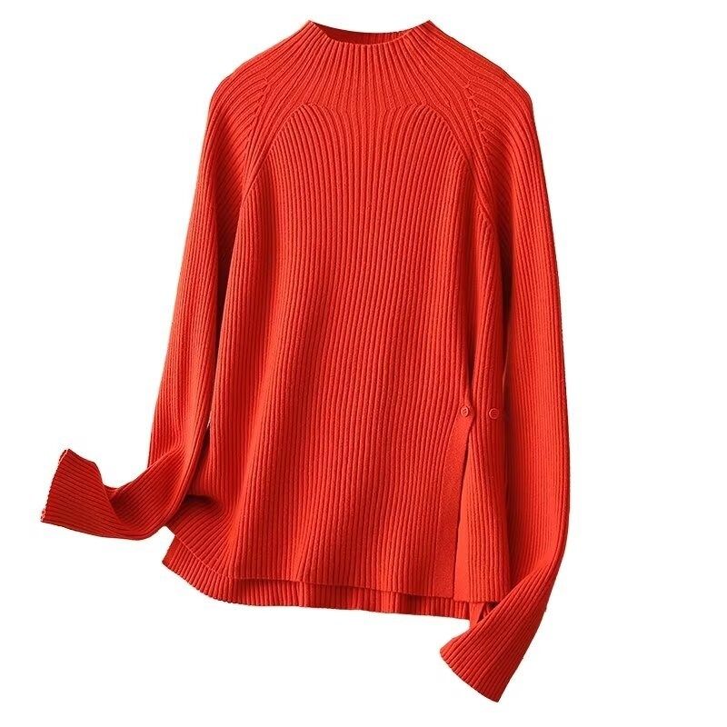 半高领洋气针织衫大码秋装新款胖mm宽松显瘦休闲纽扣开叉长袖毛衣,淘宝优惠券,粉丝福利购,淘宝优惠卷