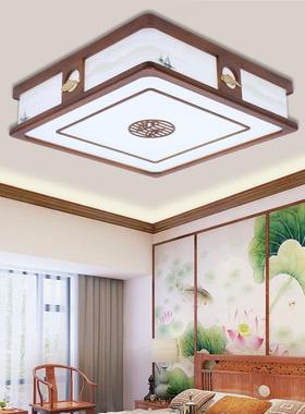 新中式实木胡桃木色客厅灯智能语音圆形餐厅灯家用复古中式卧室灯