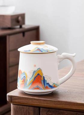 羊脂玉白瓷茶水分离高档轻奢泡茶杯陶瓷办公室过滤个人专用茶杯