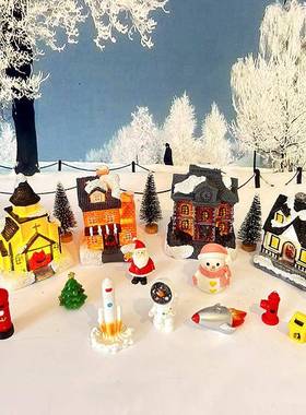 圣诞新款发光小房子村庄摆件15件套欧式雪屋太空人系列装饰品摆件