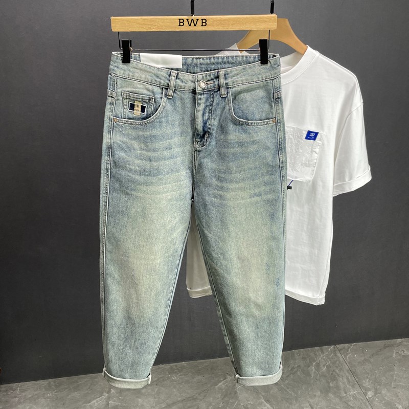 Trendy brand high-end quality light blue men's jeans loose breathable straight American high street casual nine-point pants