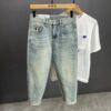 Trendy brand high-end quality light blue men's jeans loose breathable straight American high street casual nine-point pants