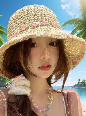 草帽女小花朵田园风草编帽子出游度假海边沙滩太阳防紫外线遮阳帽