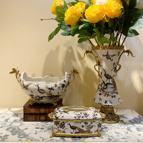 欧式摆件陶瓷配铜美式法式玄关摆件奢华家居实用花瓶瓷包铜花瓶 - 图1