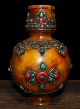 西藏老蜜蜡掐丝镶嵌宝石花瓶摆件家居装饰工艺品收藏摆设插花瓶