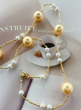 南洋母贝珍珠正圆强光浓金白色大小间隔注金锁骨项链时尚奢华 女