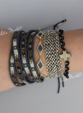 手绣三色方片.金色链条手工编织单圈