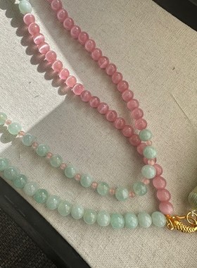 国风复古新中式如意锁透粉淡绿流苏项链多圈手串珠珠链女