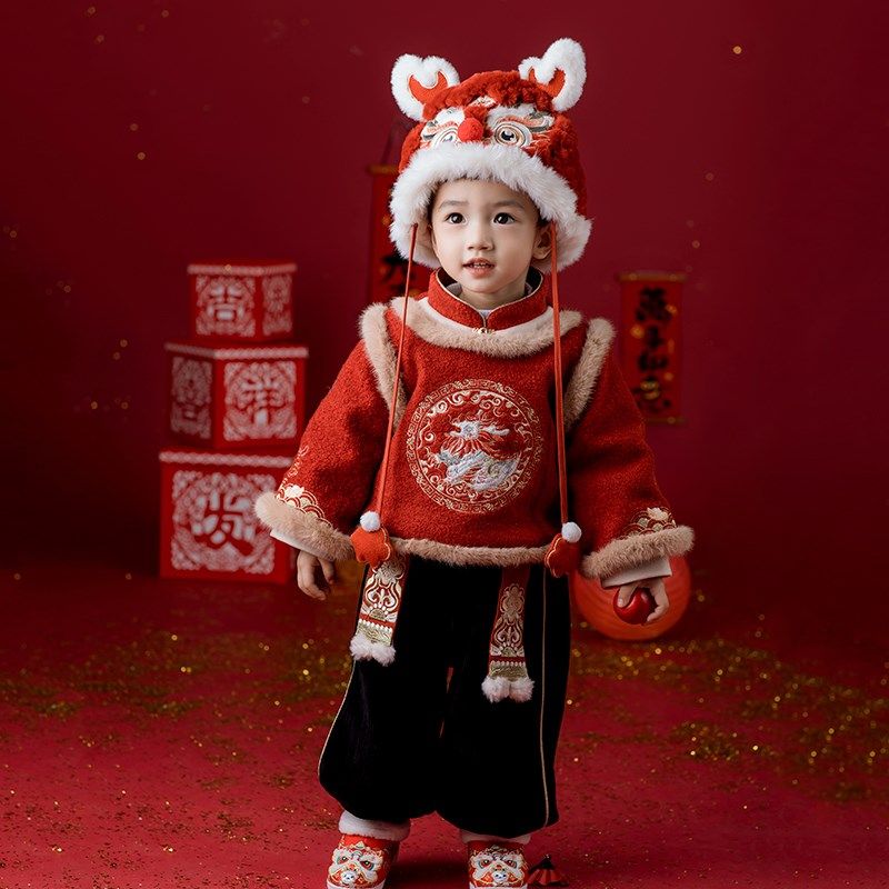男童汉服冬季2024新款儿童加绒加厚红色喜庆拜年服套装男宝宝唐装,淘宝优惠券,粉丝福利购,淘宝优惠卷