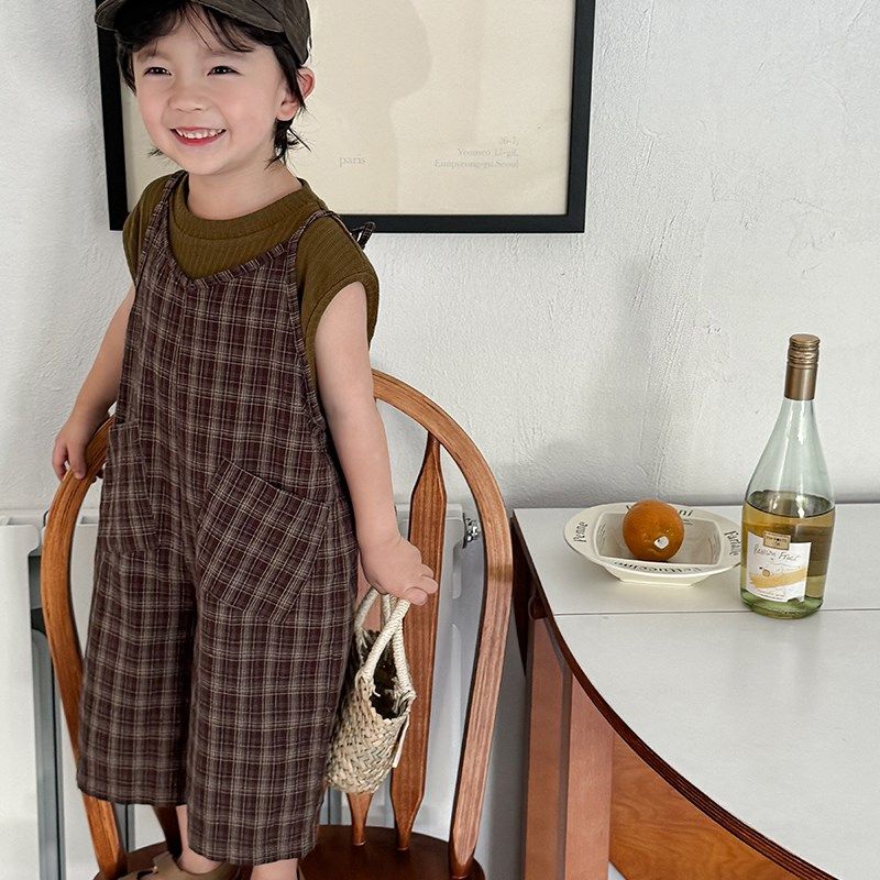 暮晨家新款夏装2024男童格子上衣背带裤宝宝洋气森系连体衣七分裤,淘宝优惠券,粉丝福利购,淘宝优惠卷