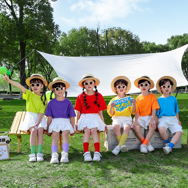 六一儿童节演出服彩色T恤小学生啦啦队表演服幼儿园毕业套装男女 - 图1