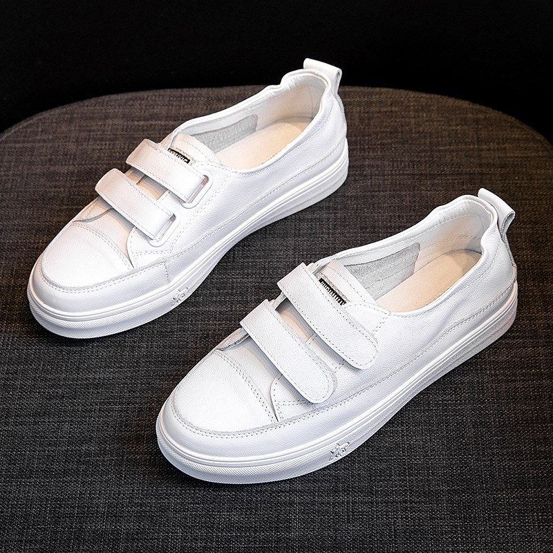 真皮魔术贴小白鞋女牛皮秋季圆头百搭韩版大码女鞋41-43平底休闲,淘宝优惠券,粉丝福利购,淘宝优惠卷