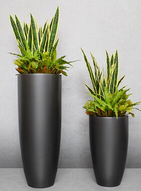 现代玻璃钢圆形银灰色落地大花瓶酒店大堂软装饰品插绿植套装花器