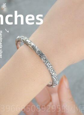 高档花民族风99足银纯手工云性雪花银南圆柱满雕莲银镯个女款纯银