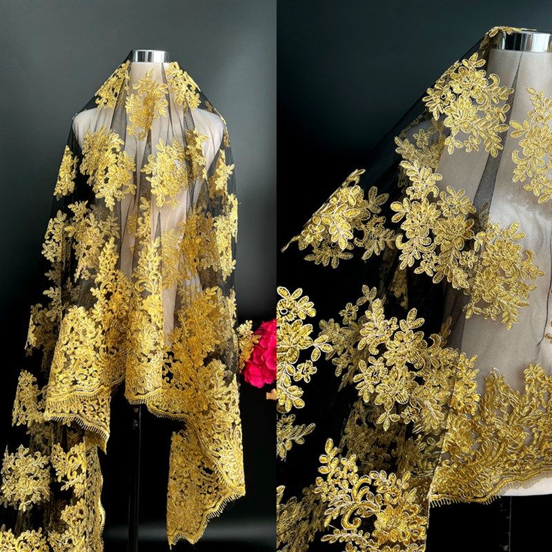 金色高端蕾丝网纱刺绣立体花朵贴花面料连衣裙婚纱礼服表演服布料,淘宝优惠券,粉丝福利购,淘宝优惠卷