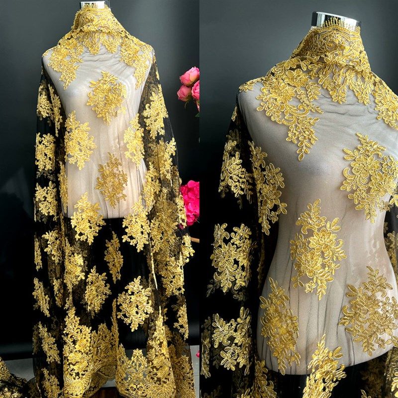 金色高端蕾丝网纱刺绣立体花朵贴花面料连衣裙婚纱礼服表演服布料,淘宝优惠券,粉丝福利购,淘宝优惠卷