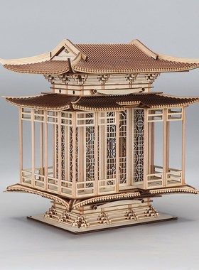 新中式禅意古建筑木雕凉亭工艺软装饰品样板房书柜玄关售楼处摆件