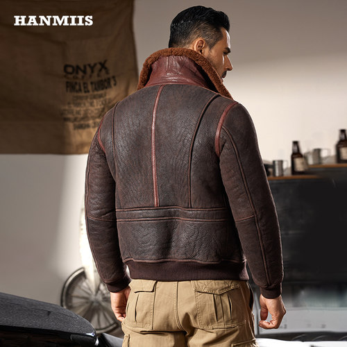 HANMIIS空军A2皮夹克原生态羊皮毛一体做旧冬季皮草外套真皮皮衣 - 图2