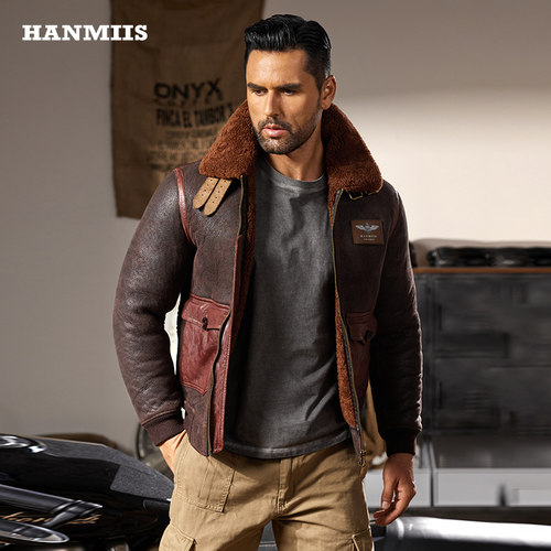 HANMIIS空军A2皮夹克原生态羊皮毛一体做旧冬季皮草外套真皮皮衣 - 图1