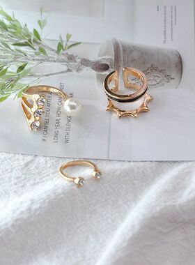 韩潮配饰三件套戒指镶钻珍珠开口指环个性铆钉关节戒装饰品热卖