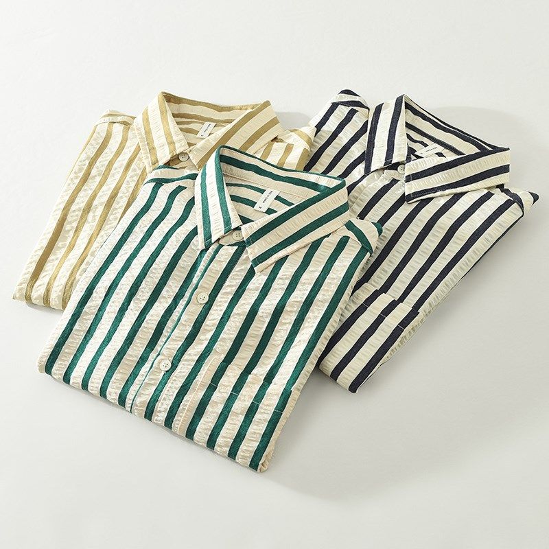 夏季日系复古薄款清新竖条纹短袖衬衫男时尚透气休闲宽松衬衣半袖,淘宝优惠券,粉丝福利购,淘宝优惠卷