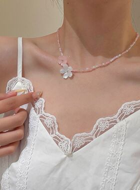 紫色元素饰品夏天紫色多巴胺花朵水晶串珠项链女小众甜美配裙子锁