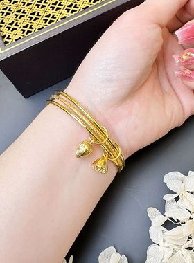 孟加拉赤金首饰圆环三层莲蓬手镯黄色合金古风三环光面磨砂饰品