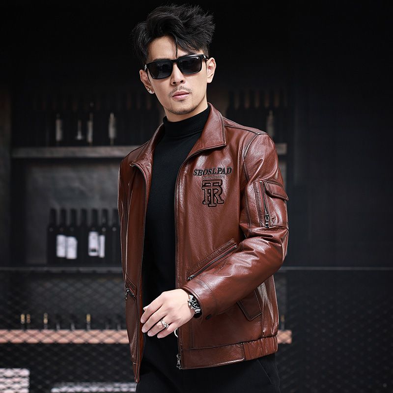 新款海宁短款真皮皮衣男头层牛皮皮夹克机车立翻领红棕色休闲外套 - 图3