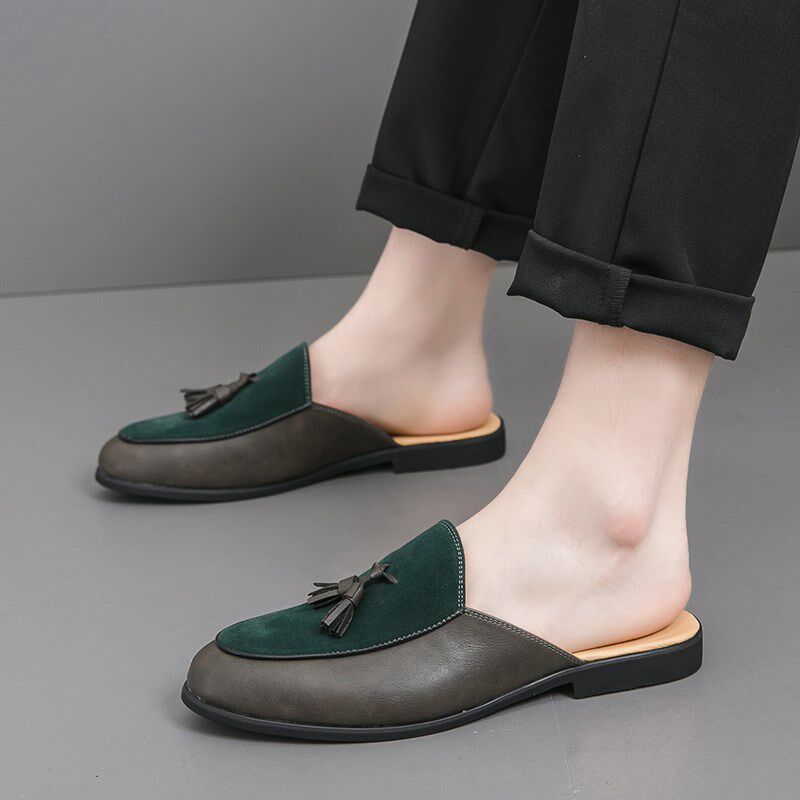 包头半拖鞋男士夏季潮流尖头休闲皮鞋无后跟懒人一脚蹬流苏豆豆鞋,淘宝优惠券,粉丝福利购,淘宝优惠卷