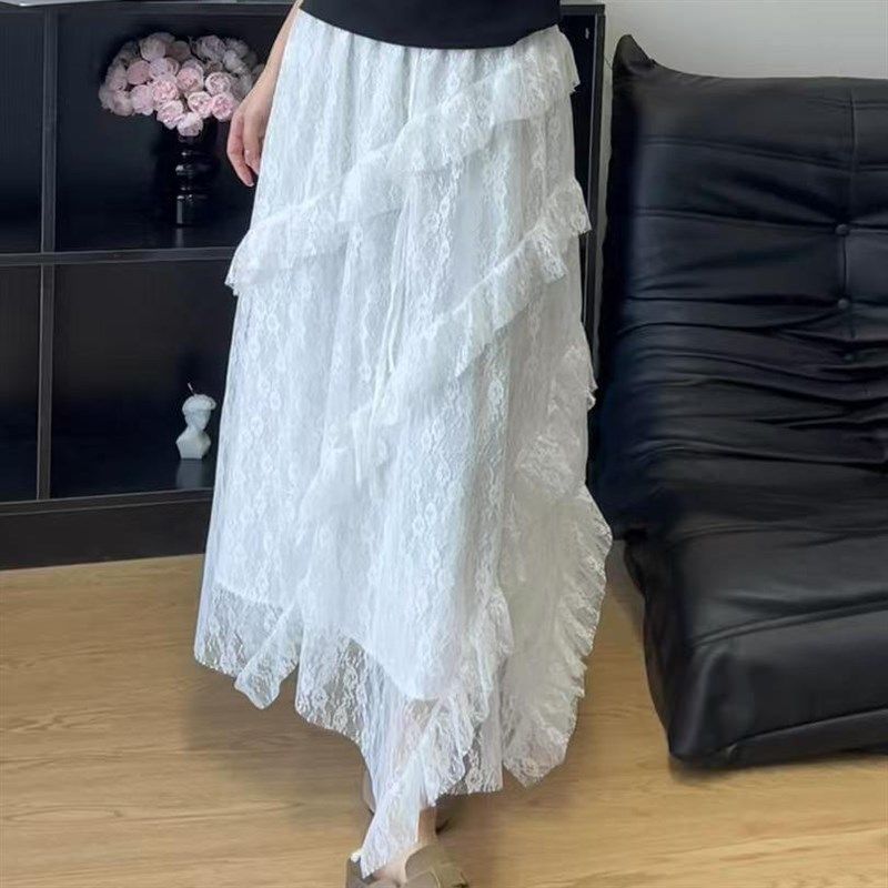 白色蕾丝网纱半身裙女长款拼接斜纹大码胖mm显瘦仙女A字蛋糕裙子,淘宝优惠券,粉丝福利购,淘宝优惠卷
