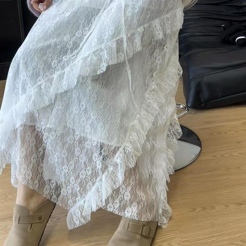 白色蕾丝网纱半身裙女长款拼接斜纹大码胖mm显瘦仙女A字蛋糕裙子,淘宝优惠券,粉丝福利购,淘宝优惠卷
