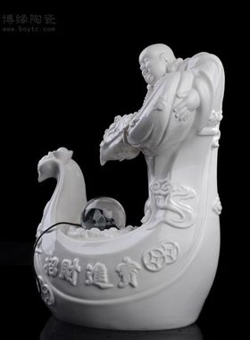 陶瓷招财弥勒流水雾化空气加湿滚珠白瓷弥勒家居办公装饰摆件