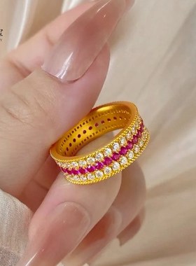 韦雪同款古法沙金999点钻闪动A蔷薇戒指红舞裙刚玉排钻指环送女友