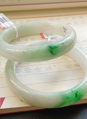 【一物一图】翡翠A货手镯纯天然缅甸翡翠白底青辣绿正圈手镯正品