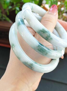 【一物一图】翡翠a货手镯细糯种水水润牛奶底飘花圆条胖圆条手镯
