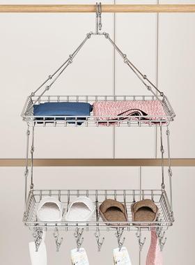 不锈钢家用阳台双层晒衣网晾衣篮夹子挂袜平铺晾晒网兜晾衣架