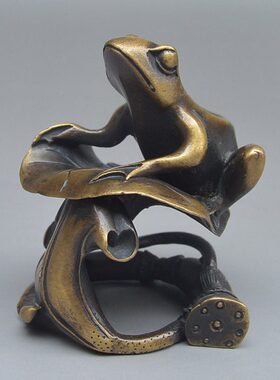 文房书桌装饰摆件纯铜实心荷叶青蛙办公桌招财摆设古玩仿古铜器