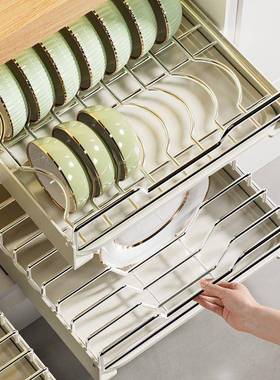 304不锈钢碗碟收纳架厨房橱柜内置物架抽屉式拉篮抽拉盘子沥水架