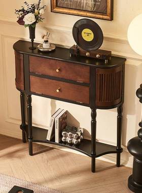 法式复古实木餐边柜简约客厅靠墙一体边柜中古风入户储物玄关柜