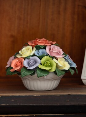 陶瓷手工捏花玫瑰花家居花篮中式书桌面博古架电视柜茶台摆件装饰