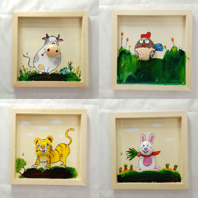 十二生肖木相框石头拼画立体装饰摆台儿童手工绘画挂墙diy材料包,淘宝优惠券,粉丝福利购,淘宝优惠卷