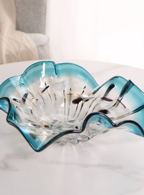 轻奢荷叶琉璃艺术果盘茶几糖果干果盘客厅装饰餐桌样板间玄关摆件