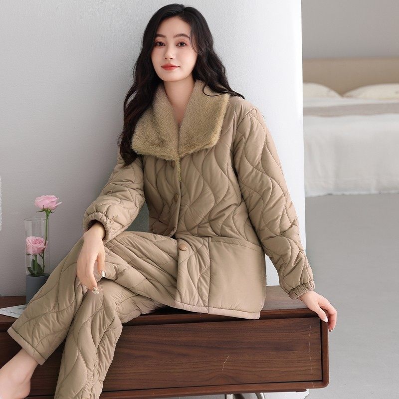 睡衣女款2025新款冬季三层加厚羽绒夹棉冬天珊瑚绒加绒保暖家居服,淘宝优惠券,粉丝福利购,淘宝优惠卷