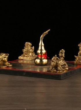 黄铜五行八卦聚财阵五宝阵t铜金蟾貔貅麒麟龙龟葫芦木质方罗盘摆