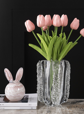 现代简约琉璃粉玉兔摆件创意客厅书房卧室桌面可爱兔子家居装饰品